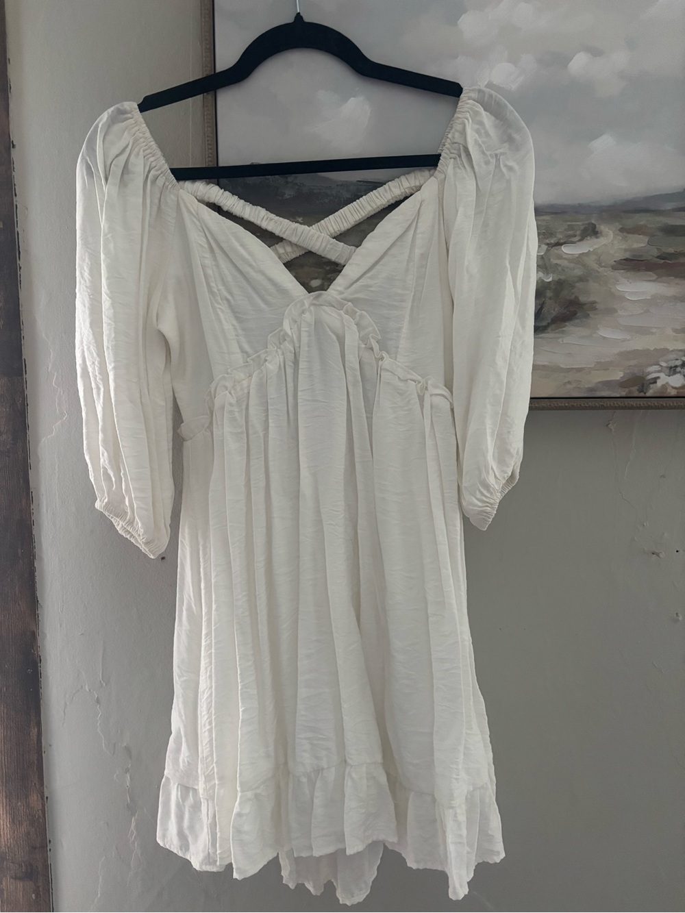 Peach Love California White Puff Sleeve Crisscross Mini Dress